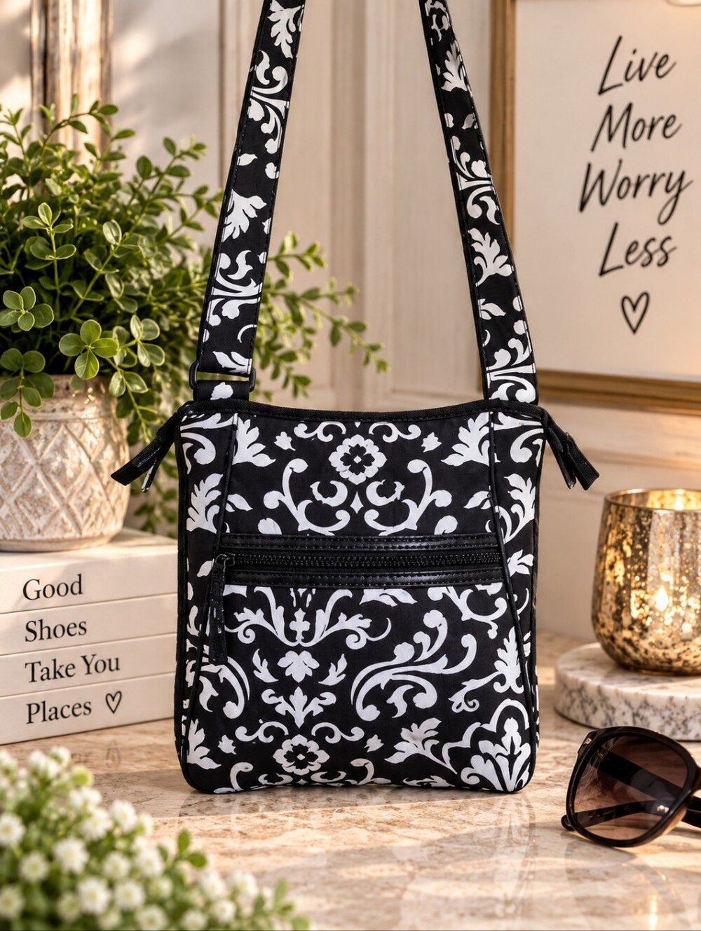 thirty-one Black and White Damask Crossbody Bag